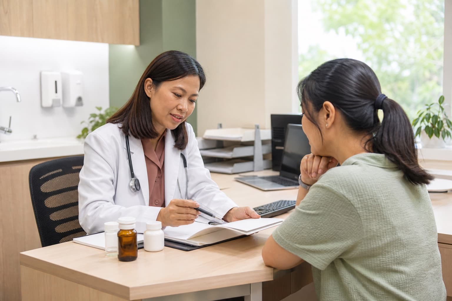 A Malaysian doctor and patient reviewing appointment notes and a medicine list